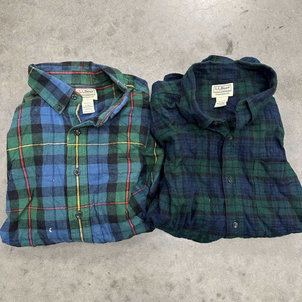 Bundle of 2 LL Bean Flannel Shirts Mens Large Plaid Black Watch Traditional Fit